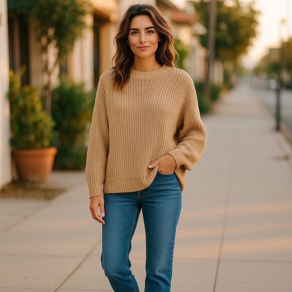 American Eagle Oversized Cozy Knit Sweater in Tan - Picture 1 of 7